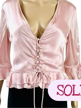 Valentino Light Pink Silk Button up Tie-Front Peplum Hem Top with accents sz 10